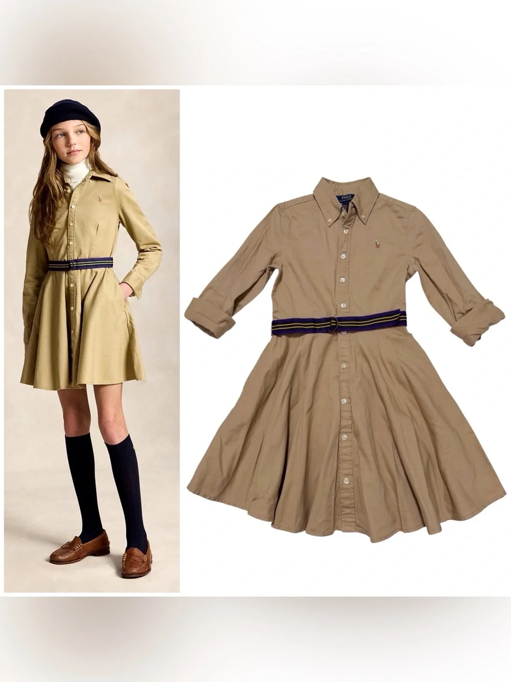 Ralph Lauren Belted Cotton Chino Shirtdress in Khaki Size 8